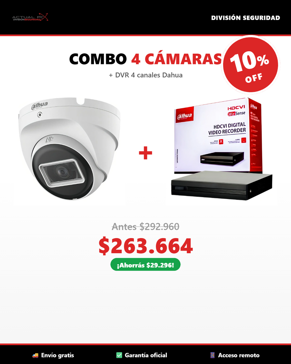 COMBO 4 Cámaras Domo Dahua 2MP + DVR 4 Canales XVR1B04-I