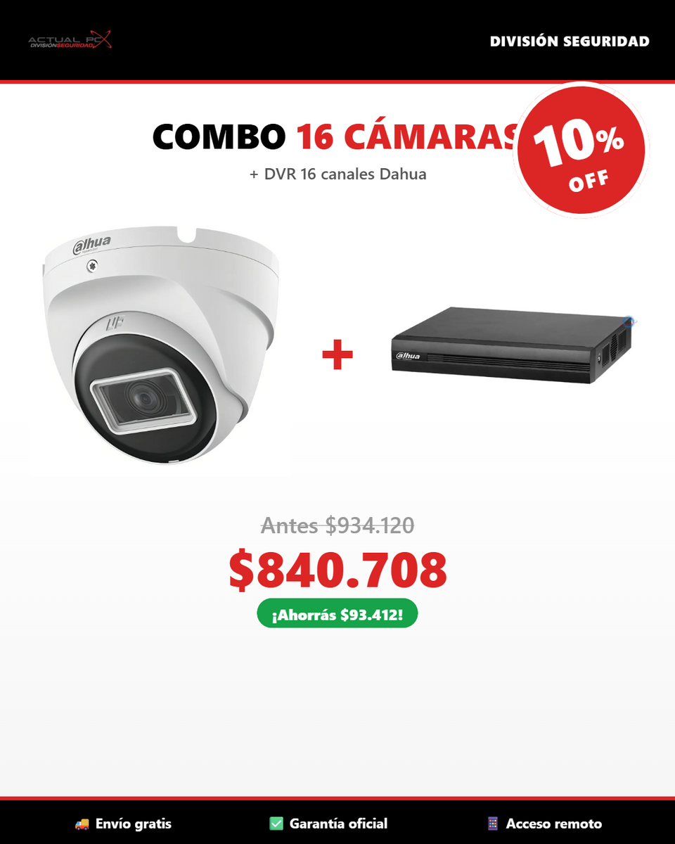 COMBO 16 Cámaras Domo Dahua 2MP + DVR 16 Canales XVR1B16-I