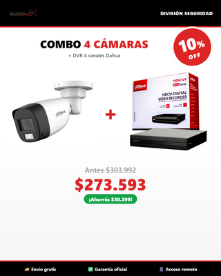 COMBO 4 Cámaras Bullet Dahua 2MP + DVR 4 Canales XVR1B04-I